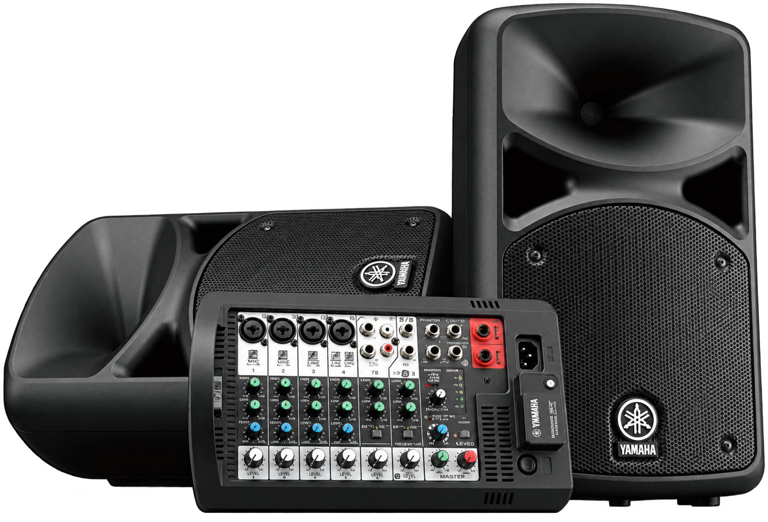 Yamaha speakers, mixer and microphones